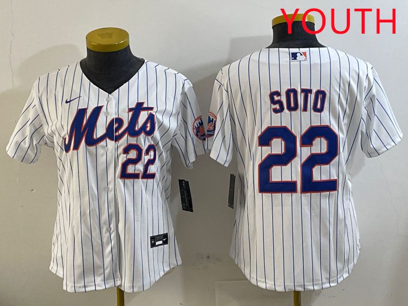 Youth New York Mets 22 Soto White Stirpe Game 2025 Nike MLB Jersey style 1